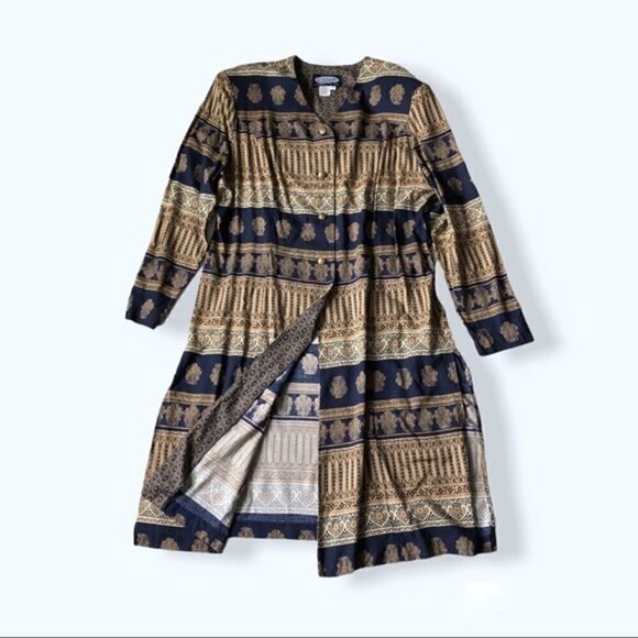 Vintage 80s Clues Collection Baroque Print Duster Robe Jacket Navy Tan XL - Picture 2 of 14